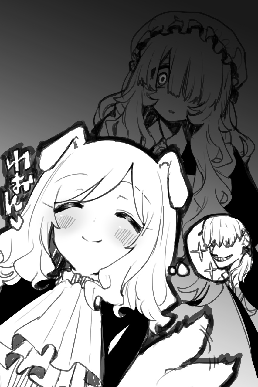 1boy, 2girls, absurdres, animal_ears, ascot, blush, closed_eyes, closed_mouth