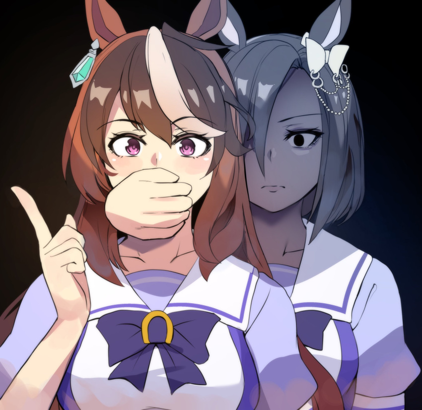 2girls, air_groove_(umamusume), animal_ears, bow, covering_another's_mouth, ear_bow, ear_chain, earrings, empty_eyes, expressionless, gregory_house_kidnap_a_child_(meme), highres, hinghoi, horse_ears, horse_girl, index_finger_raised, jewelry, linked_piercing, meme, multicolored_hair, multiple_girls, no_pupils, piercing, school_uniform, single_earring, streaked_hair, symboli_rudolf_(umamusume), tracen_school_uniform, umamusume