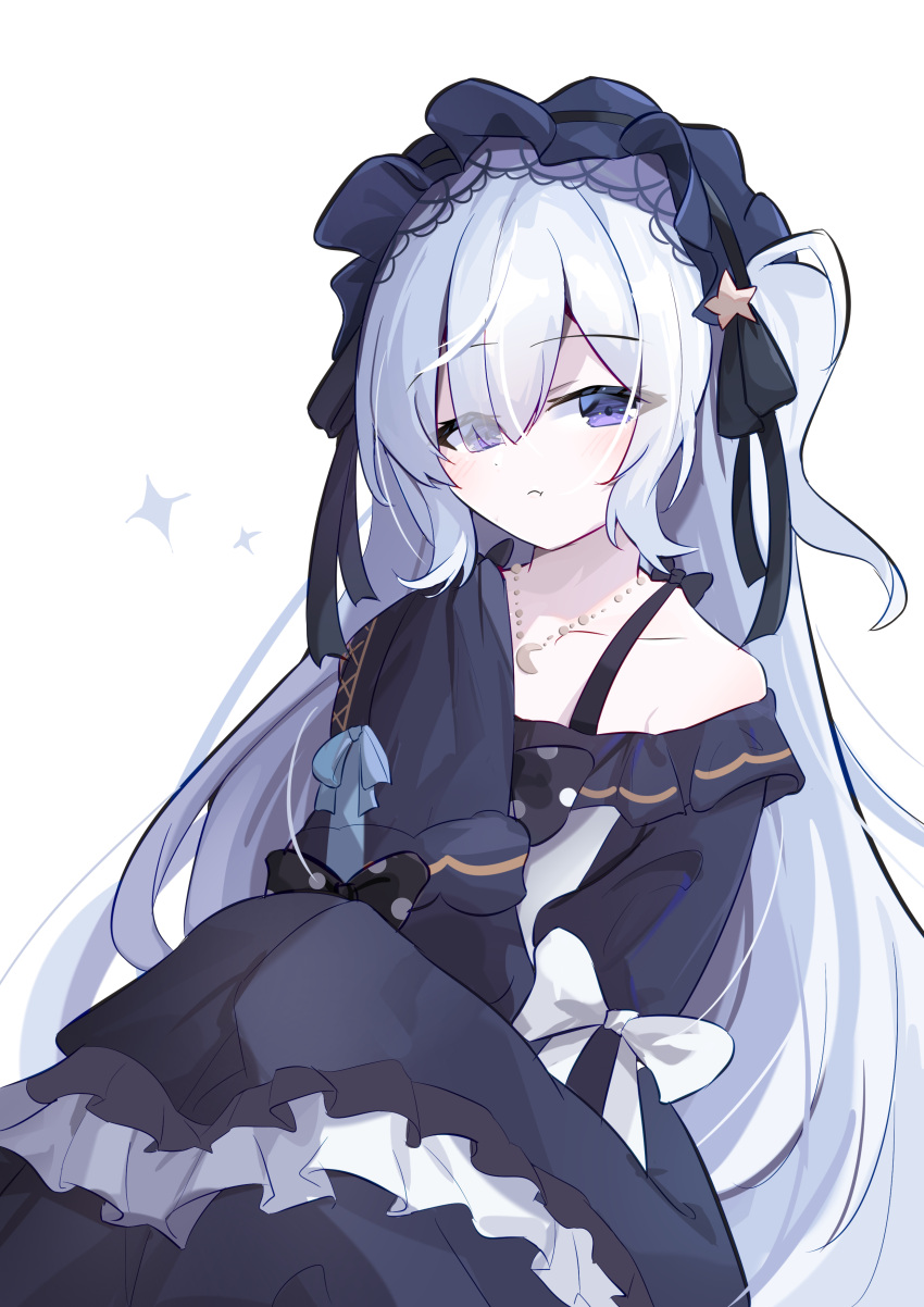 1girl, aaaaabk!, absurdres, crescent, crescent_necklace, dress, frilled_dress, frills, frown, gothic_lolita, hair_over_one_eye, hairband, headband, highres, jewelry, lolita_fashion, lolita_hairband, long_hair, looking_at_viewer, magical_girl, mahou_shoujo_no_majo_saiban, natsume_anan, necklace, purple_dress, purple_headband, simple_background, sleeves_past_fingers, sleeves_past_wrists, solo, tied_sleeves, very_long_hair, violet_eyes, white_background, white_hair