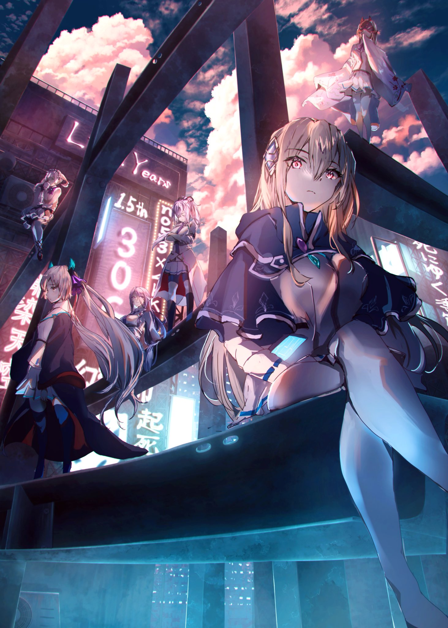 5girls, 6+girls, animal_ears, asukake_project, blonde_hair, breasts, brown_hair, building