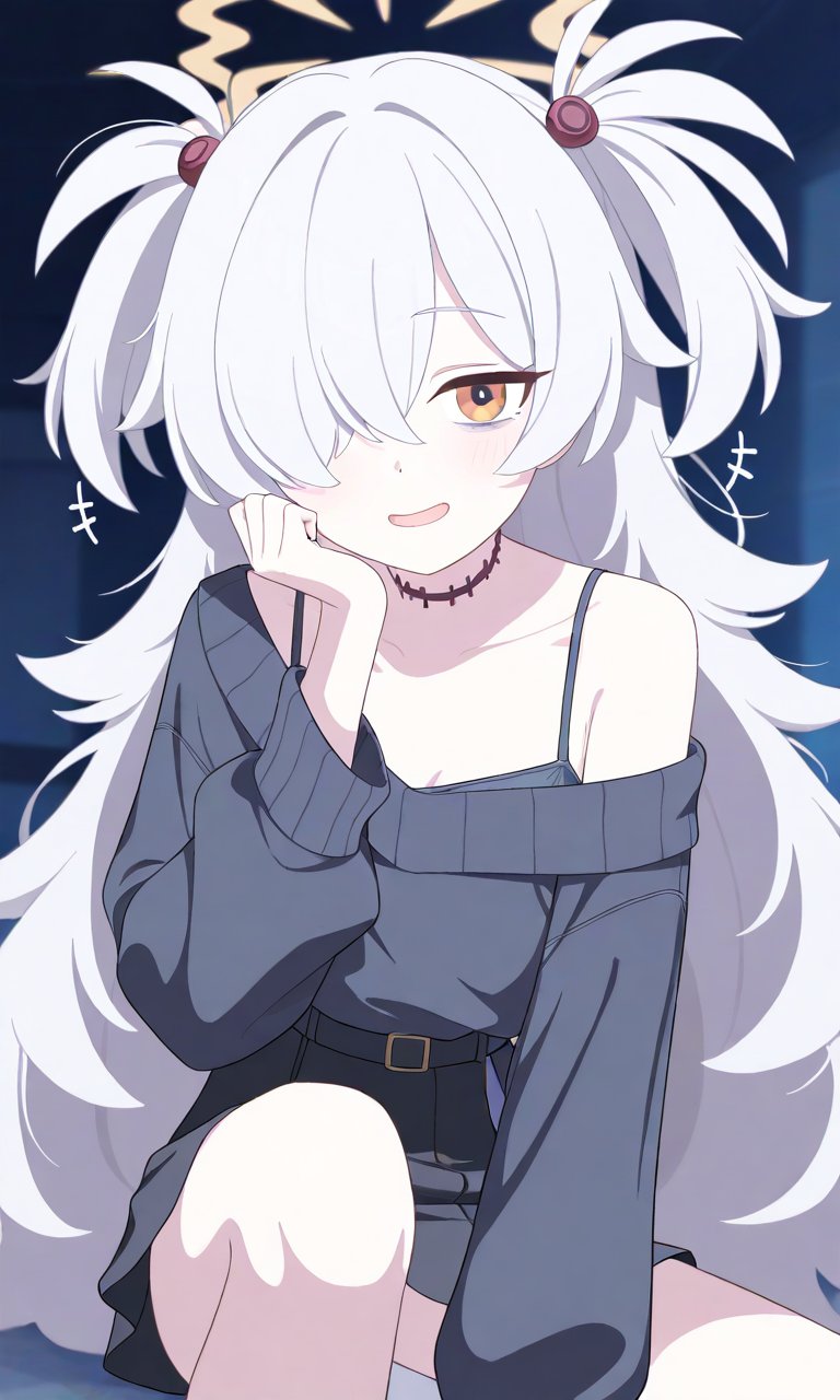 1girl, belt, black_sweater, blue_archive, blush, bra, hair_ornament, hair_over_one_eye