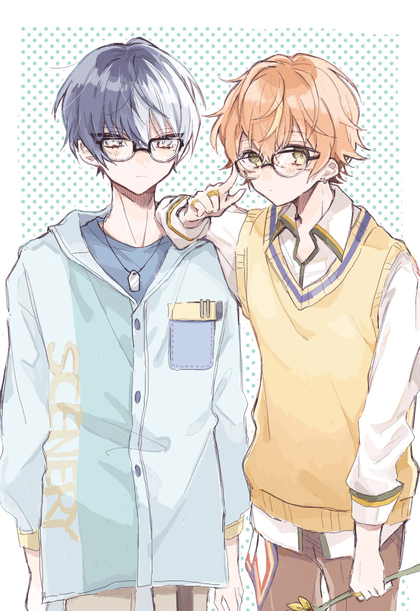 2boys, aoyagi_touya, arms_at_sides, bespectacled, blonde_hair, blue_hair, breast_pocket, closed_mouth