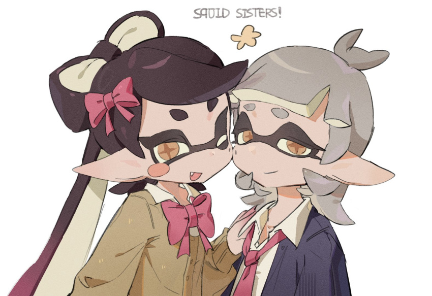 2girls, :d, antenna_hair, black_hair, blue_cardigan, blunt_bangs, blush_stickers, bow
