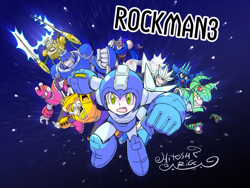 6+boys, ariga_hitoshi, arm_cannon, armor, blue_armor, blue_background, blue_helmet, character_request
