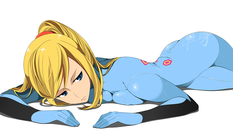 ass, bad_id, blonde_hair, blue_eyes, breast_press, breasts, latex, metroid