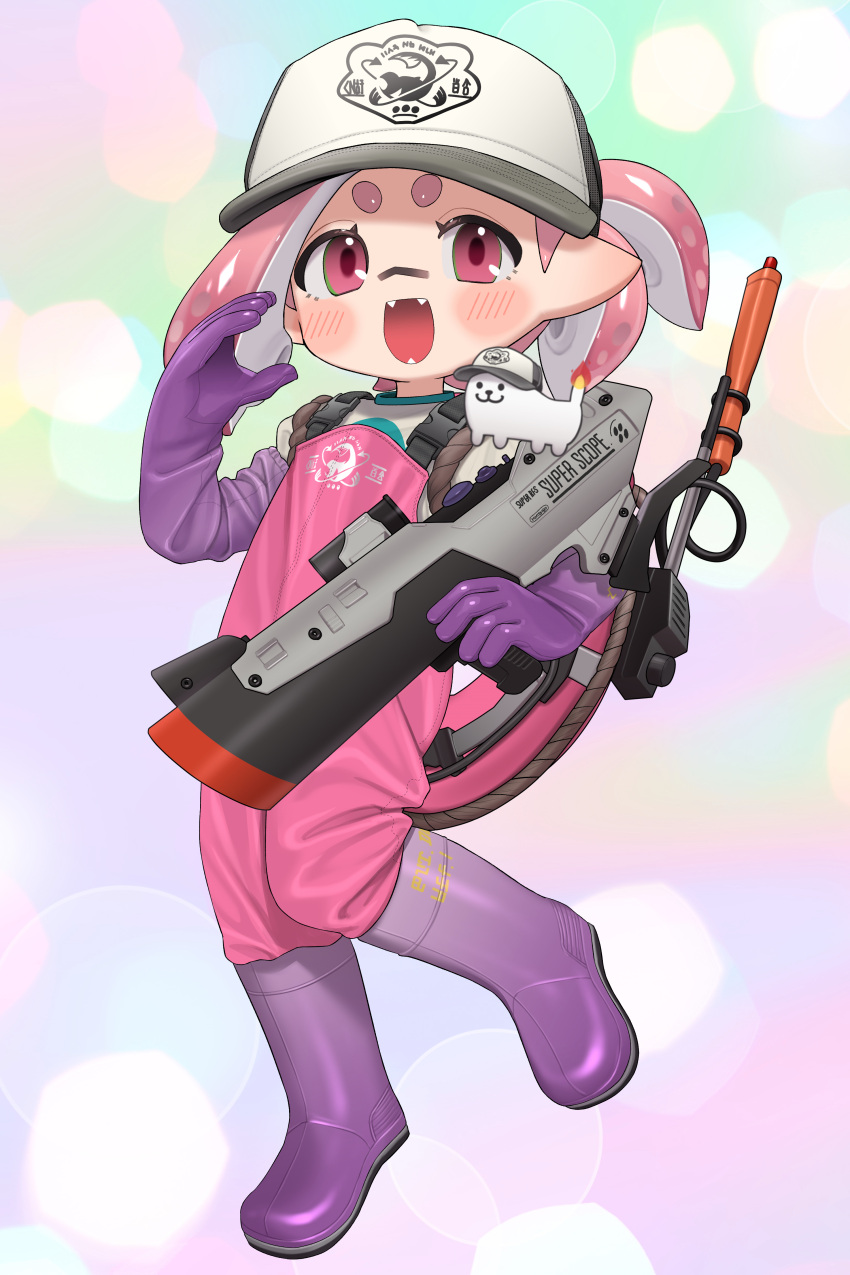 1girl, :d, absurdres, baseball_cap, black_hat, boots, commission, elbow_gloves