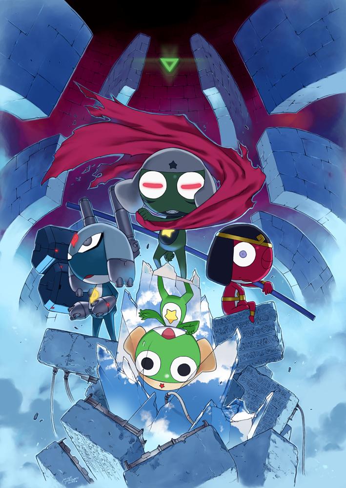 4boys, black_eyes, character_request, dark_keroro, doruru, frog, grey_hair, gun