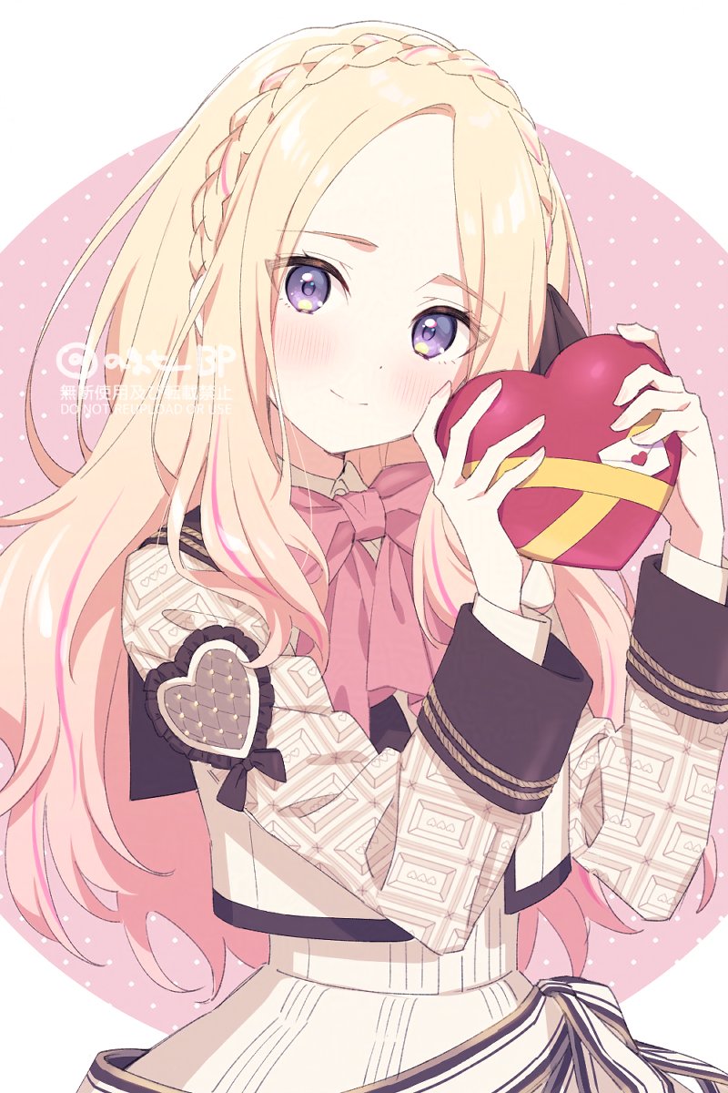 1girl, agata_(agatha), black_bow, black_sailor_collar, blonde_hair, blush, border, bow, bowtie, box, box_of_chocolates, braid, closed_mouth, collared_shirt, commentary_request, cropped_jacket, crown_braid, curtained_hair, dot_nose, gakuen_idolmaster, hair_bow, hands_up, happy_mille-feuille_(idolmaster), heart-shaped_box, high-waist_skirt, highres, holding, holding_box, idolmaster, jacket, juo_sena, letter, long_hair, long_sleeves, looking_at_viewer, love_letter, multicolored_hair, parted_bangs, pink_background, pink_bow, pink_bowtie, pink_streaks, round_border, sailor_collar, shirt, skirt, smile, solo, streaked_hair, twitter_username, upper_body, valentine, very_long_hair, violet_eyes, watermark, white_border, white_jacket, white_shirt, white_skirt