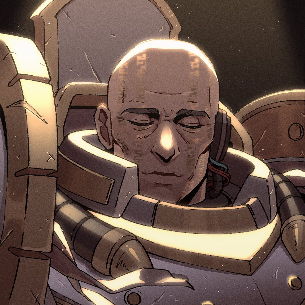 1boy, adeptus_astartes, armor, bald, closed_eyes, closed_mouth, commentary, commission