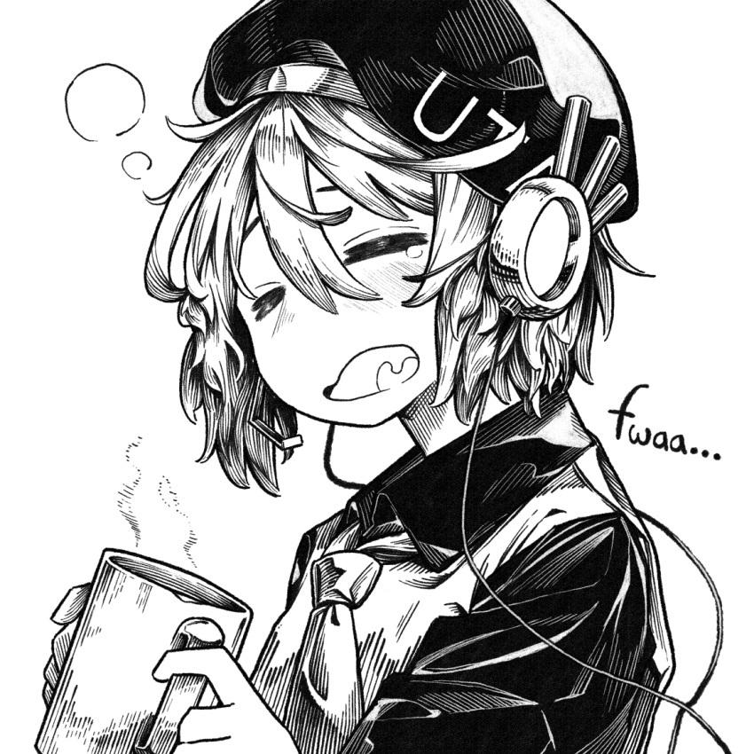 1girl, beret, closed_eyes, collared_shirt, cup, greyscale, hair_between_eyes, hair_ornament