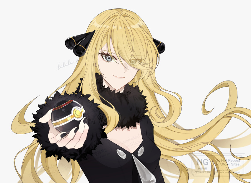 1girl, black_coat, blonde_hair, breasts, closed_mouth, coat, cynthia_(pokemon), fur-trimmed_coat