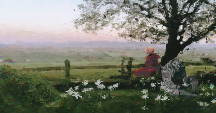 2boys, against_tree, alphonse_elric, armor, blonde_hair, brothers, coat, commentary