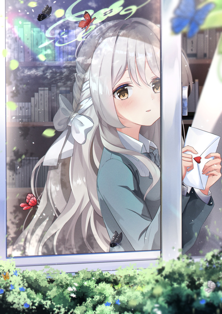 1girl, aizawa_(aizawatsu), blazer, blue_archive, blush, book, bookshelf, bow