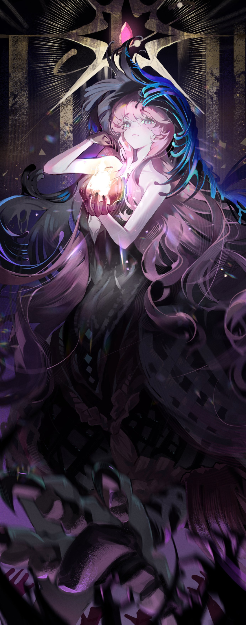 1girl, :<, absurdres, bare_arms, bare_shoulders, black_dress, black_hands, black_veil, blue_eyes, blue_veil, centauroid, chimera, closed_mouth, colored_extremities, dark_background, dress, gem, glowing, hands_up, highres, long_hair, monster_girl, nautika_(reverse:1999), pink_gemstone, plunging_neckline, popo_07274, reverse:1999, solo, strapless, strapless_dress, talons, taur, two-tone_veil, upper_body, veil, very_long_hair