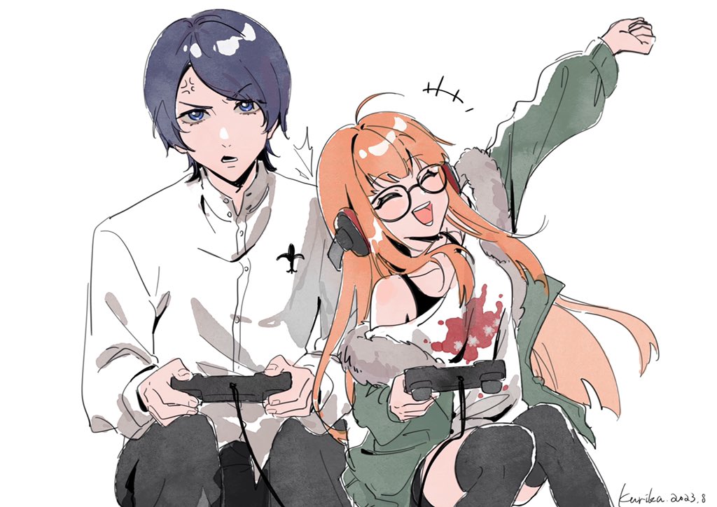 +++, 1boy, 1girl, :d, ahoge, anger_vein, arm_up, artist_name