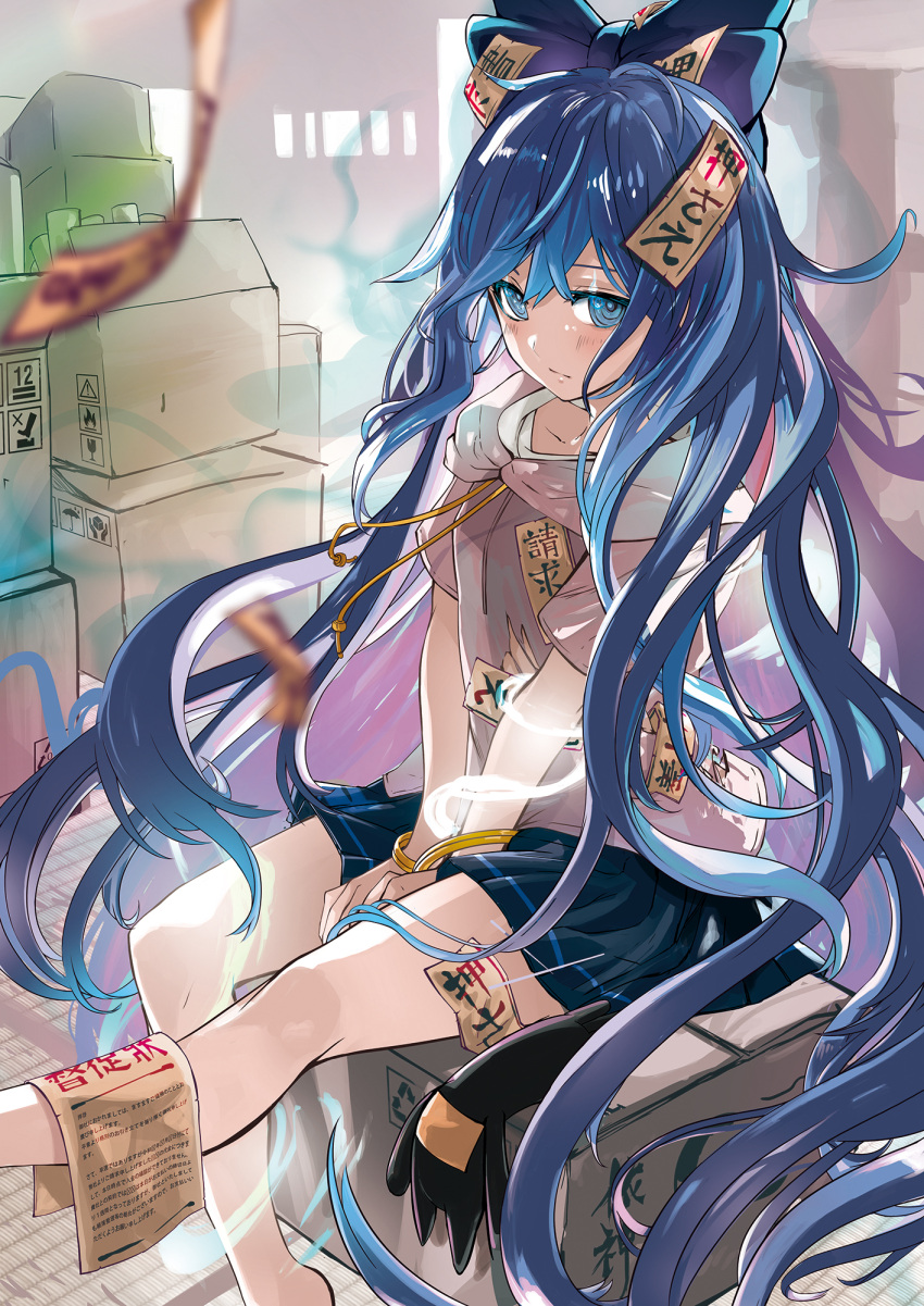 1girl, black_gloves, blue_eyes, blue_hair, bow, box, bracelet, gloves