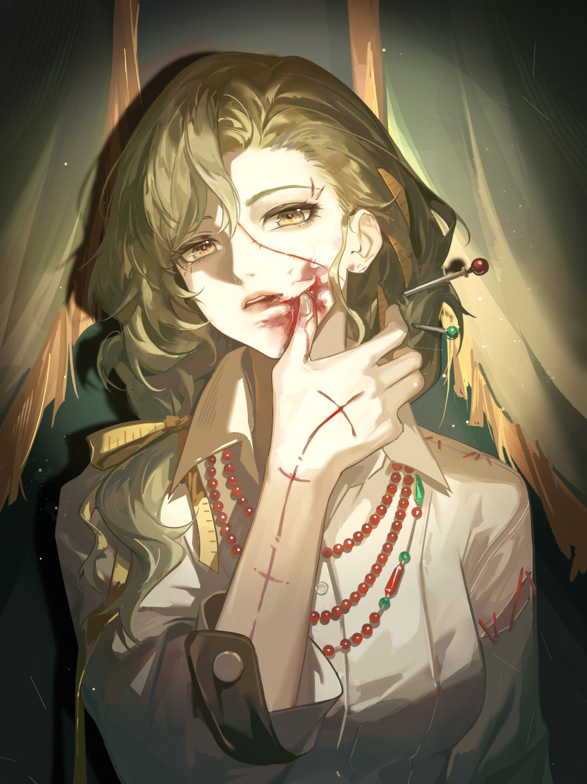 1girl, absurdres, bead_necklace, beads, blood, blood_on_face, brown_hair, collared_shirt