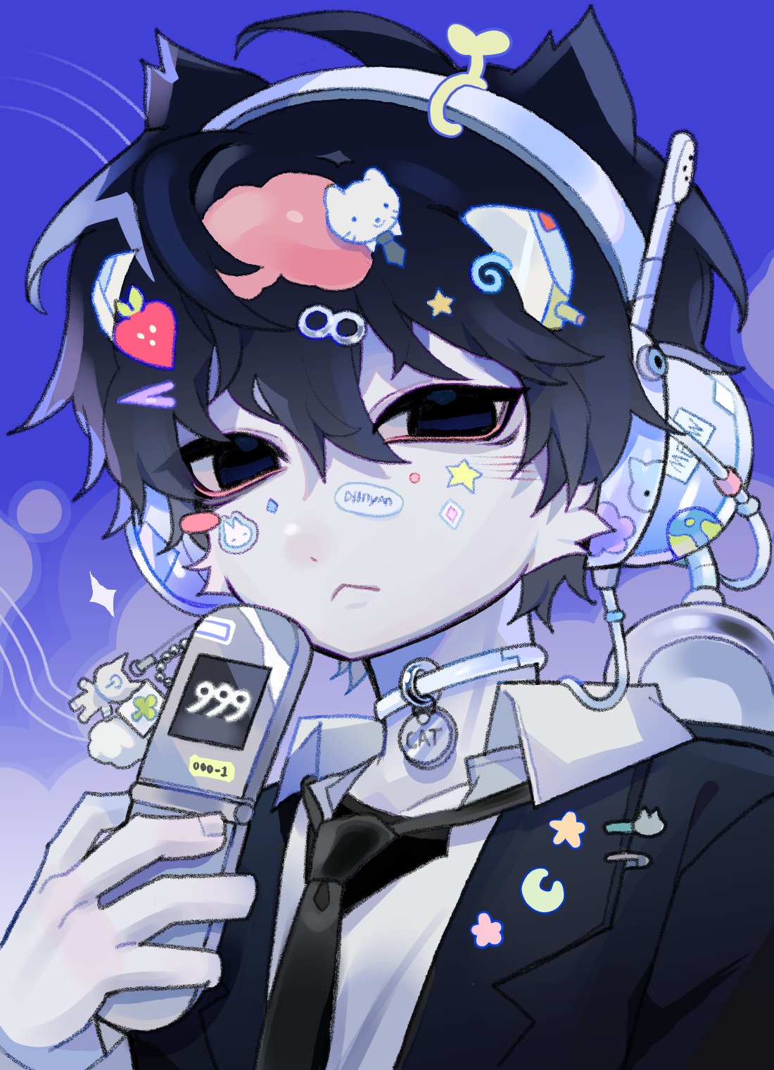 1boy, 666, black_eyes, black_hair, black_jacket, blue_background, body_fur, brain