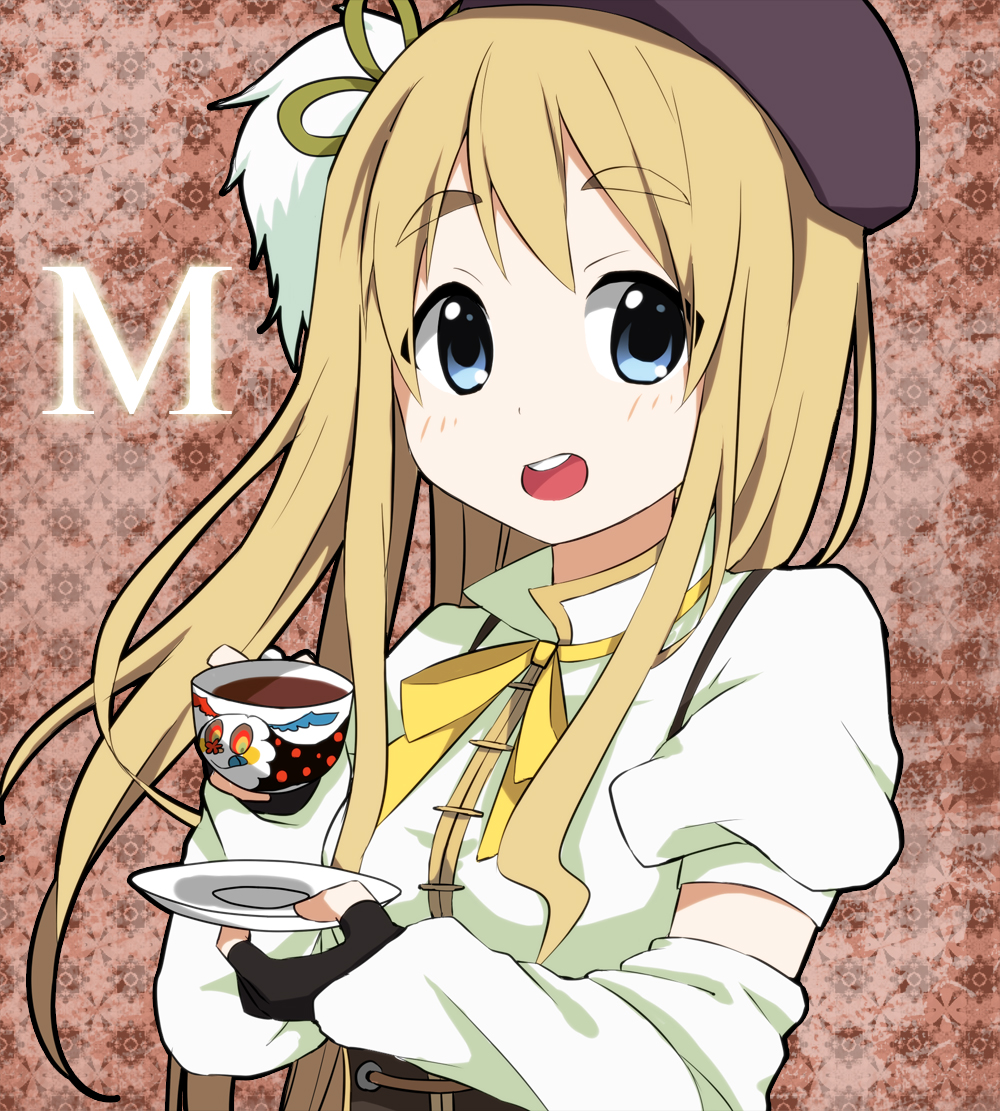 :d, beret, blonde_hair, blue_eyes, bust, charlotte_(madoka_magica), cosplay, cup