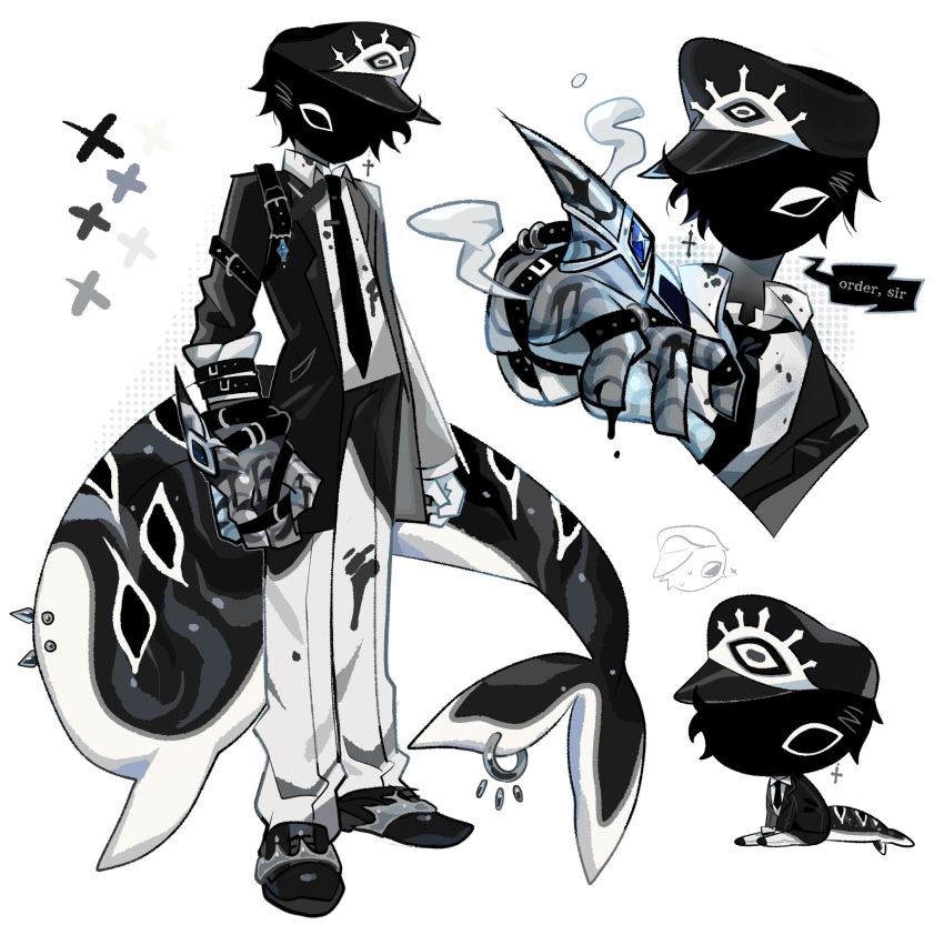 1boy, black_coat, black_eyes, black_hair, black_necktie, black_skin, cetacean_tail, chibi, coat, color_guide, colored_skin, cross, cross_earrings, dilnyan03, earrings, english_commentary, english_text, fins, fish_tail, full_body, gauntlets, hat, highres, jewelry, male_focus, monster_boy, multiple_views, necktie, orca_boy, original, peaked_cap, piercing, reference_sheet, shirt, short_hair, simple_background, single_earring, single_gauntlet, standing, tail, tail_ornament, tail_piercing, white_background, white_shirt