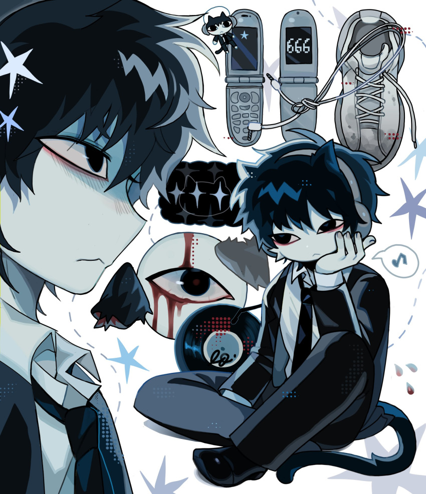 1boy, 666, black_eyes, black_hair, bleeding, blood, blood_on_face, body_fur