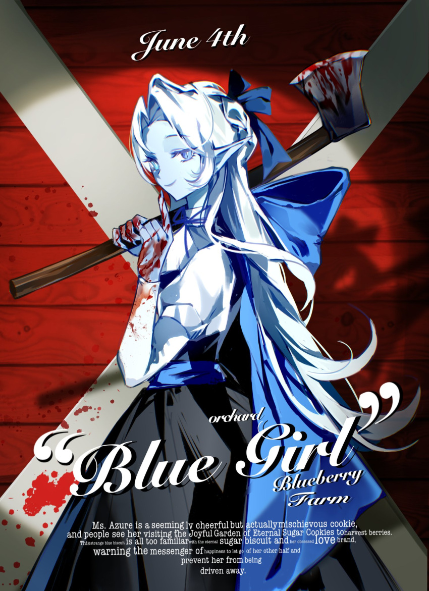 1girl, axe, blue_dress, blue_eyes, blue_hair, blue_skin, colored_skin, cookie_run