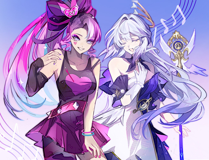 2girls, bare_shoulders, blue_hair, bow, breasts, cookie_run, cookie_run:_kingdom, crossover, detached_sleeves, dress, gloves, hair_between_eyes, hair_bow, halo, highres, honkai:_star_rail, honkai_(series), humanization, jewelry, long_hair, looking_at_viewer, multicolored_hair, multiple_girls, open_mouth, pink_hair, robin_(honkai:_star_rail), shining_glitter_cookie, skirt, smile, two-tone_hair, very_long_hair, white_dress, white_gloves, wings, yaojingwangchudi