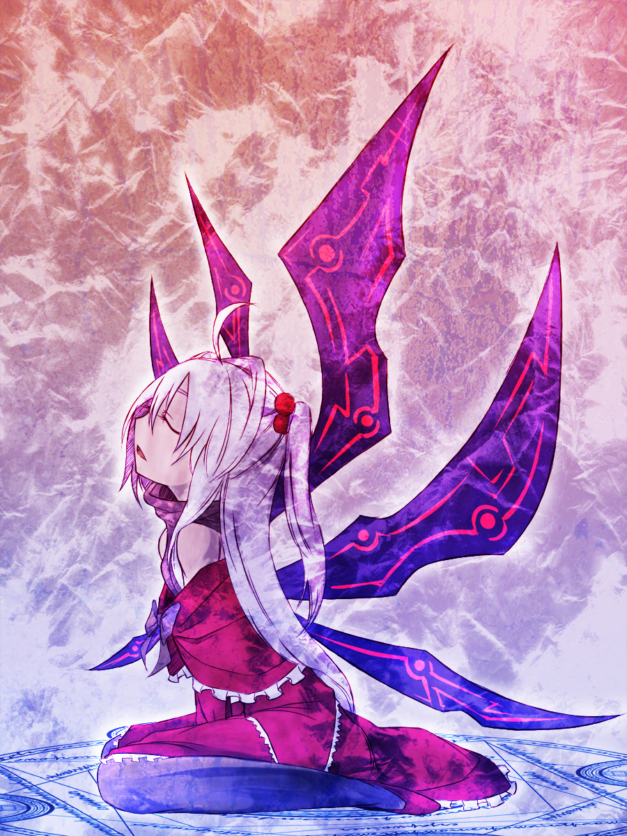 bare_shoulders, capelet, closed_eyes, hair_bobbles, hair_ornament, highres, long_hair, magic_circle, pantyhose, saiho, shinki, side_ponytail, silver_hair, sitting, solo, touhou, turtleneck, very_long_hair, wariza, wings