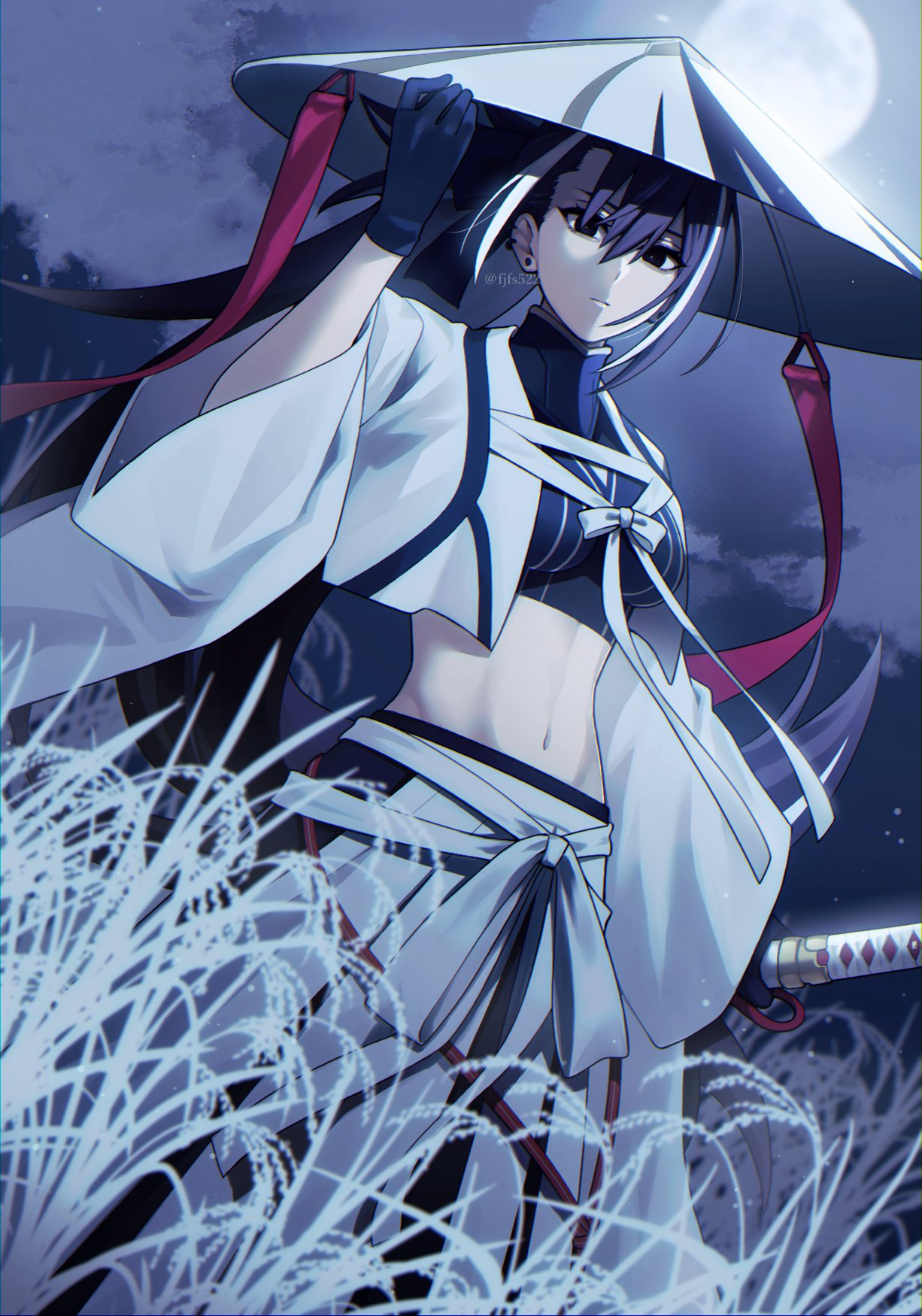 1girl, black_eyes, black_gloves, black_hair, ear_piercing, fate/grand_order, fate_(series), fjfs522, full_moon, gloves, highres, holding, holding_sword, holding_weapon, katana, kawakami_gensai_(fate), kawakami_gensai_(third_ascension)_(fate), long_hair, midriff, moon, navel, night, piercing, ponytail, sword, twitter_username, weapon, wheat, wide_sleeves