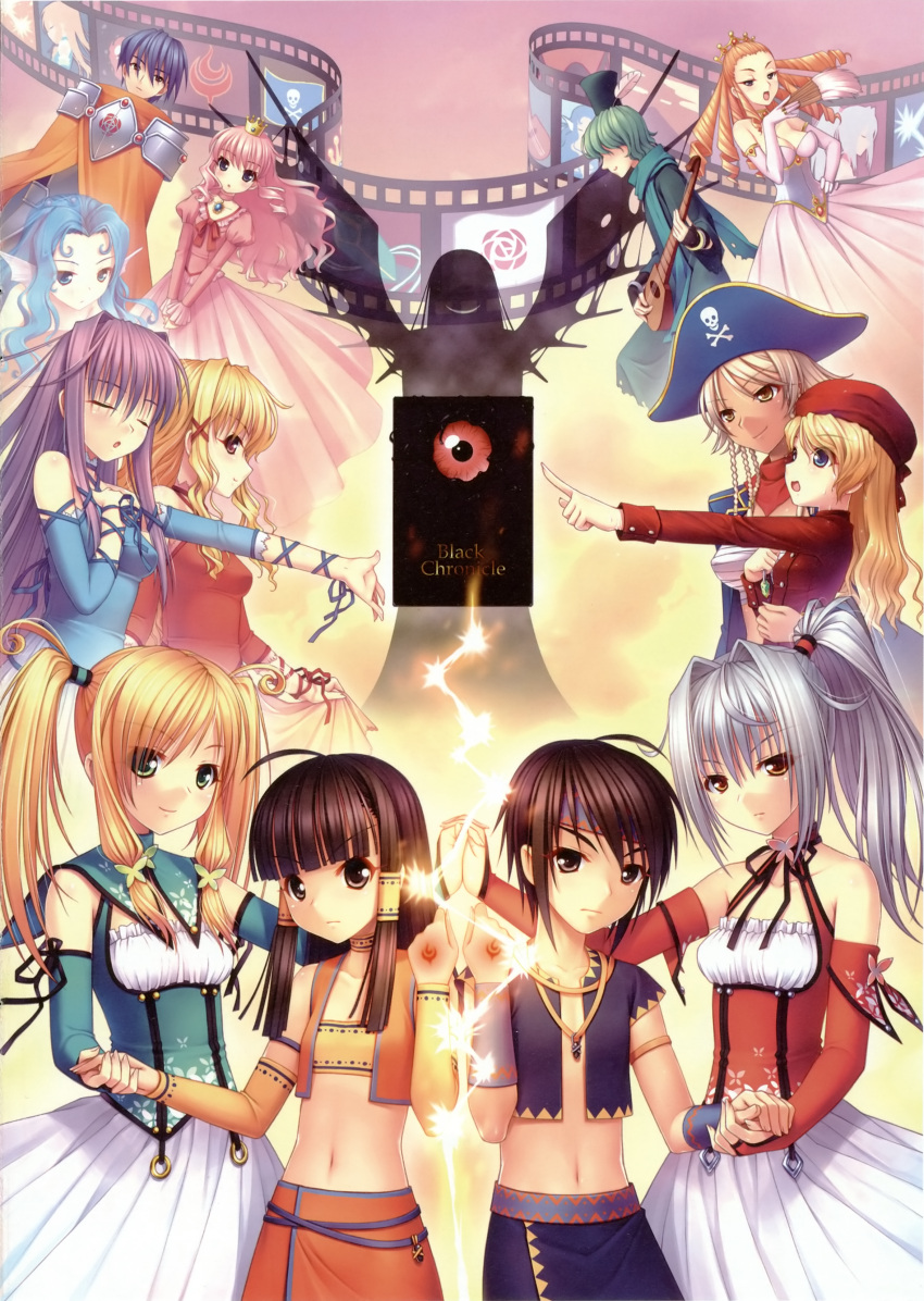 absurdres, blonde_hair, blue_eyes, blue_hair, book, brown_hair, chronicle_2nd, crown