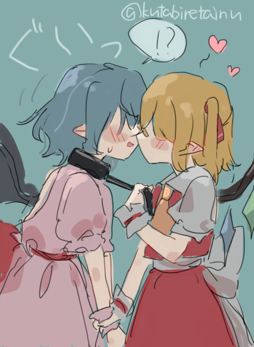 !?, 2girls, absurdres, animal_collar, ascot, back_bow, back_cutout, bat_wings, black_collar, blonde_hair, blue_background, blue_hair, blush, bow, clothing_cutout, collar, commentary_request, crystal, crystal_wings, flandre_scarlet, hat, heart, highres, holding, holding_another's_wrist, holding_leash, imminent_kiss, incest, kutabiretainu, leash, leash_pull, multicolored_wings, multiple_girls, no_headwear, one_side_up, pointy_ears, red_skirt, red_vest, remilia_scarlet, shirt, short_sleeves, siblings, simple_background, sisters, sketch, skirt, skirt_set, spoken_interrobang, touhou, translation_request, twitter_username, vest, white_bow, white_shirt, wings, wrist_cuffs, yellow_ascot, yuri