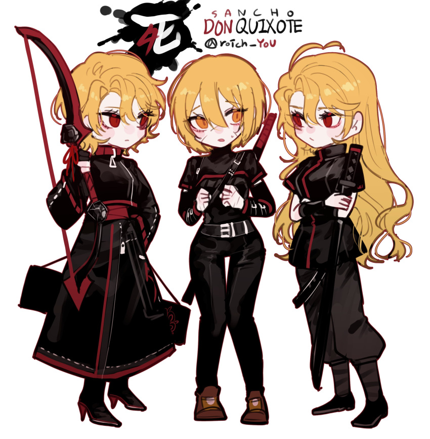 3girls, absurdres, ahoge, blonde_hair, boots, bow, bow_(weapon), brown_boots
