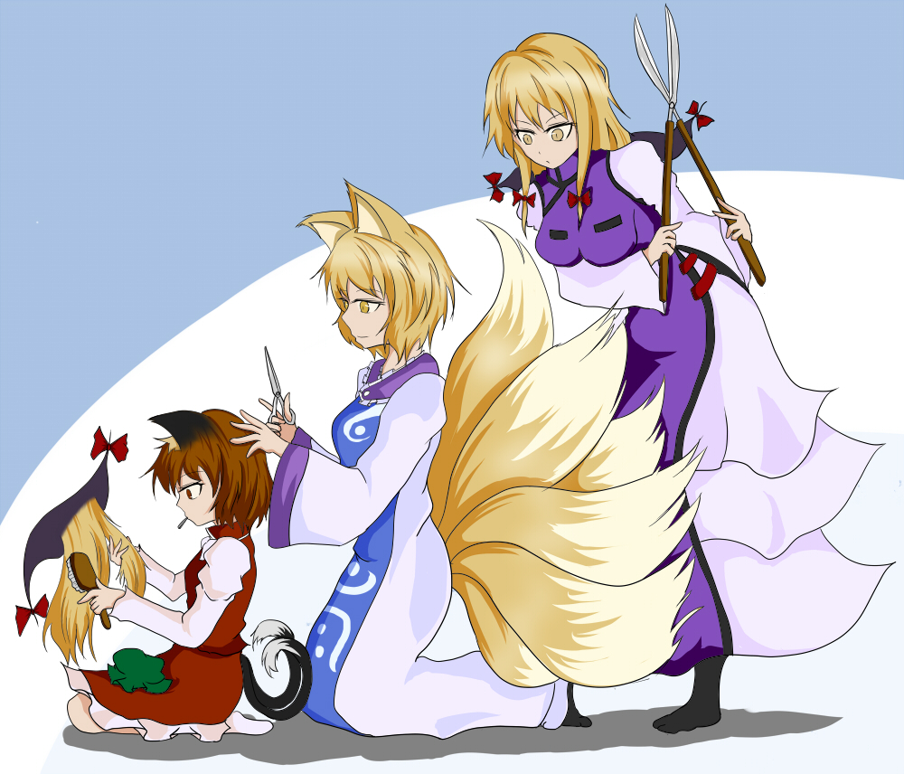animal_ears, anpans6, blonde_hair, brown_hair, brush, brushing, cat_ears, cat_tail, chen, dress, fox_ears, fox_tail, gap, hair_brush, hair_brushing, hat, hat_removed, headwear_removed, hedge_clippers, kneeling, long_hair, mouth_hold, multiple_girls, multiple_tails, no_hat, no_headwear, red_dress, red_eyes, ribbon_in_mouth, scissors, shears, shiromamekei, short_hair, standing, tail, touhou, white_dress, yakumo_ran, yakumo_yukari, yellow_eyes
