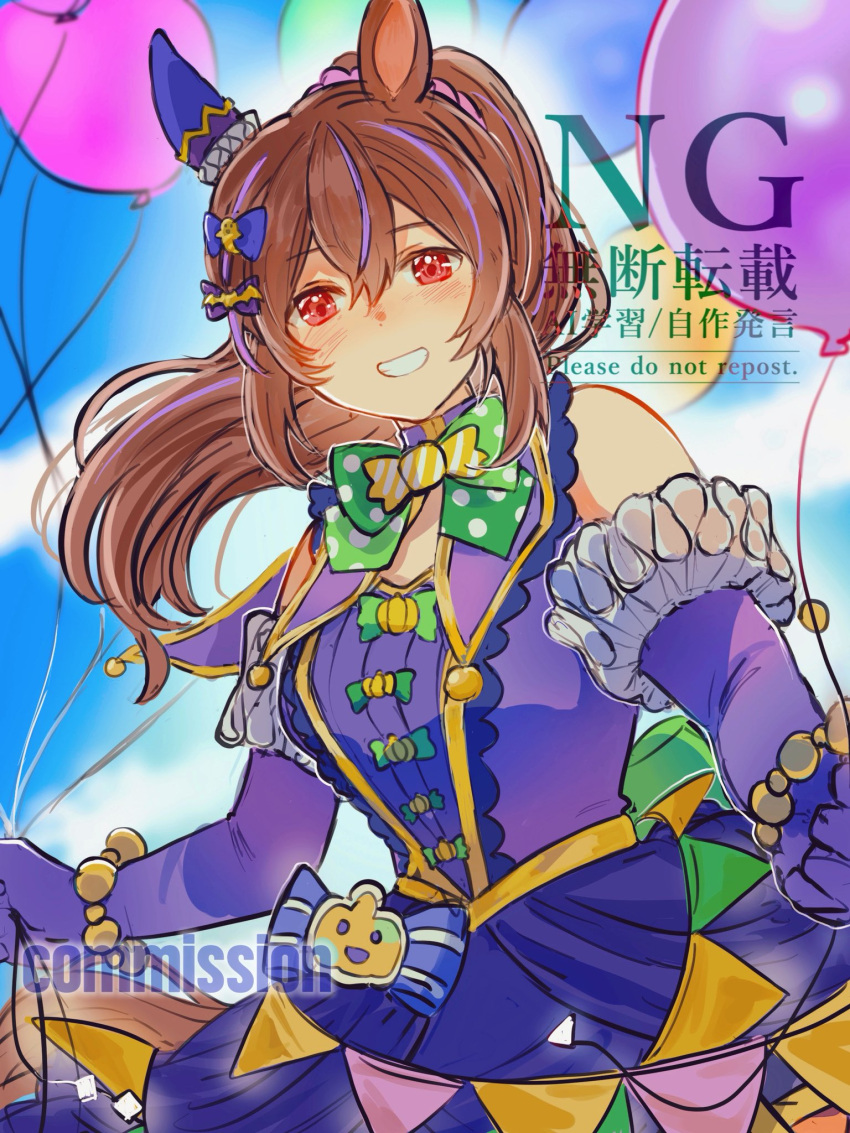 1girl, animal_ears, balloon, bare_shoulders, blue_dress, blush, bow, breasts