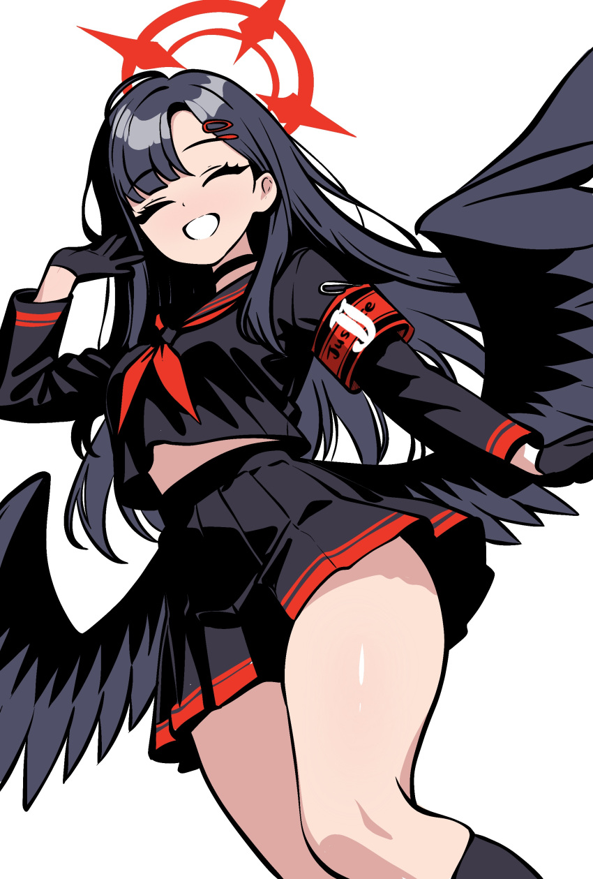 1girl, :d, ^_^, absurdres, armband, black_choker, black_gloves, black_hair
