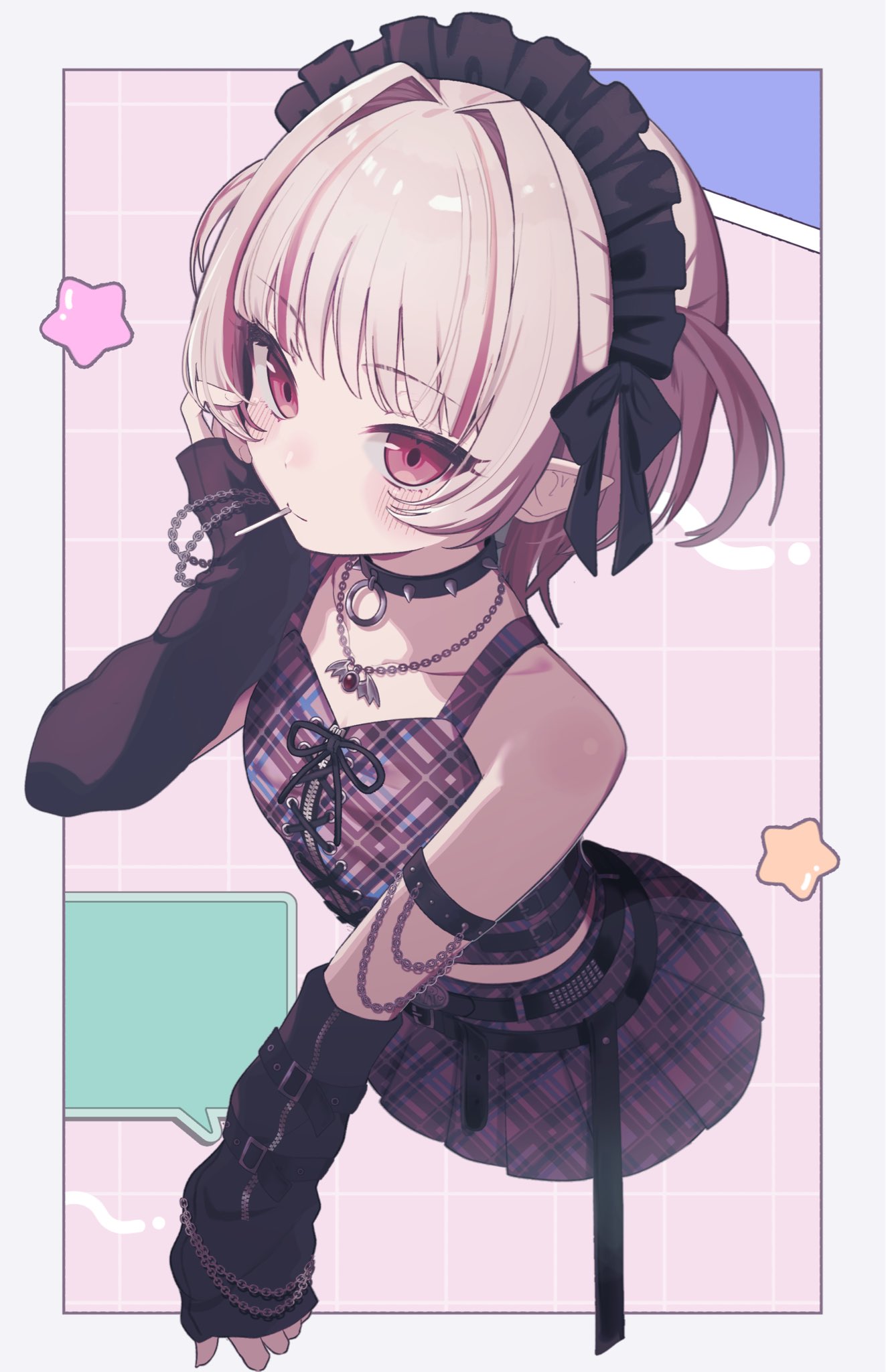 1girl, arm_belt, arm_strap, bare_shoulders, belt, belt_buckle, black_arm_warmers, black_belt, black_bow, black_collar, black_headdress, black_straps, blunt_bangs, blush, border, bow, buckle, came_ushi, chain, chain_bracelet, chain_necklace, closed_mouth, collar, collarbone, colored_inner_hair, crop_top, cropped_legs, cross-laced_clothes, cross-laced_top, grey_hair, grid_background, hair_bow, hair_intakes, hand_on_own_cheek, hand_on_own_face, harness, highres, jewelry, lollipop_in_mouth, looking_at_viewer, loose_belt, maid_headdress, makaino_ririmu, makaino_ririmu_(6th_costume), midriff, miniskirt, multicolored_hair, multiple_belts, necklace, nijisanji, no_headwear, no_jacket, outside_border, pendant, pink_background, pink_hair, pink_skirt, pink_streaks, plaid_clothes, plaid_skirt, pleated_skirt, pointy_ears, red_eyes, short_hair, skirt, sleeveless, smile, solo, spiked_collar, spikes, star_(symbol), streaked_hair, studded_belt, two-tone_hair, two_side_up, virtual_youtuber, white_border, wolf_cut, zipper_top