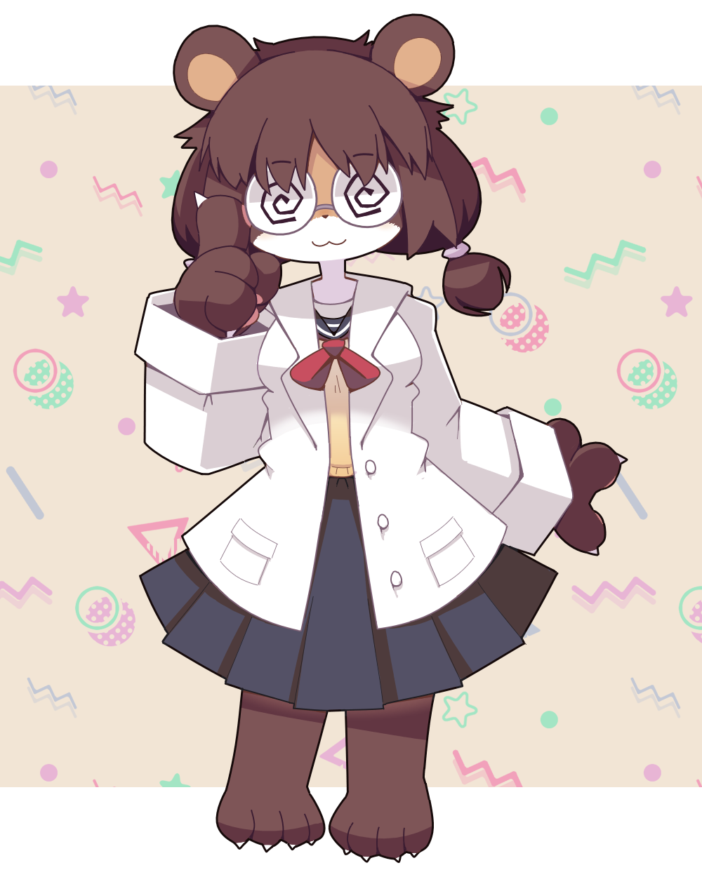 1girl, :3, adjusting_eyewear, animal_ears, animal_feet, animal_hands, animal_nose, barefoot