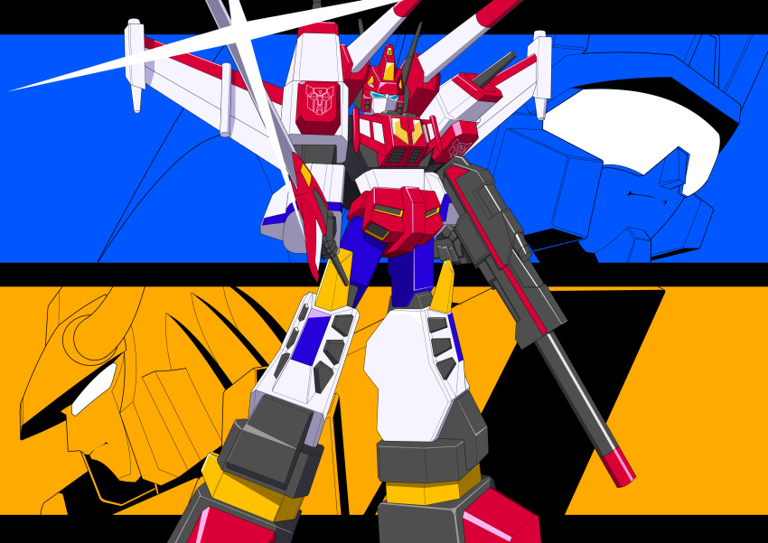 1980s_(style), absurdres, autobot, blue_eyes, cannon, dual_wielding, full_body, gattai