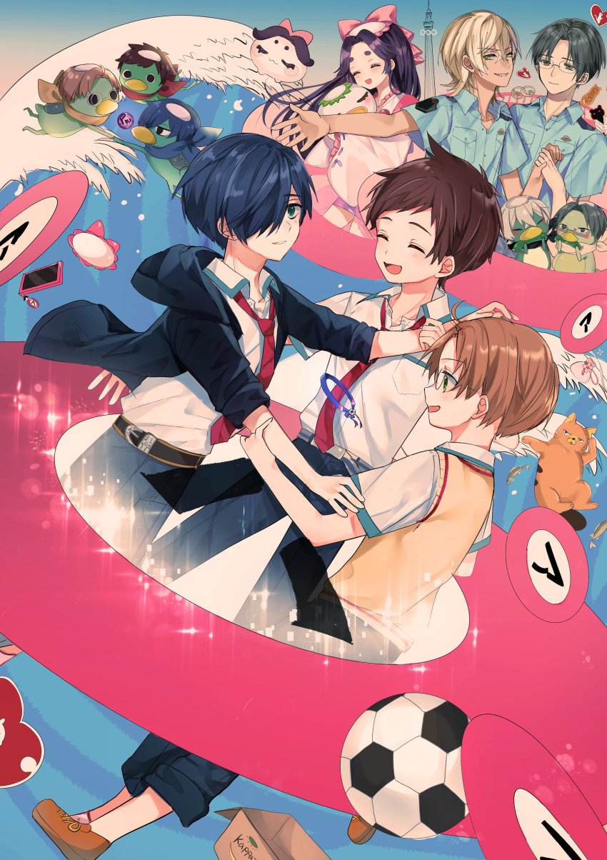 1girl, 5boys, absurdres, akutsu_mabu, azuma_sara, bag, ball, bandana