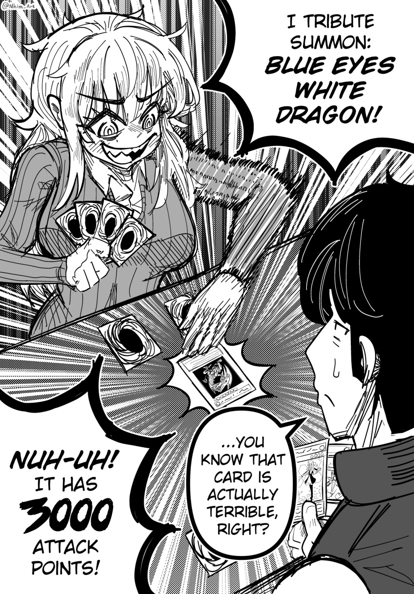1boy, 1girl, 1koma, artist_name, bags_under_eyes, blue-eyes_white_dragon, breasts, comic