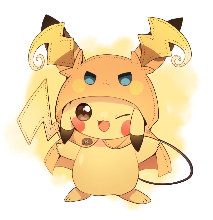 brown_eyes, cloak, cosplay, highres, hood, hood_up, hooded_cloak, looking_at_viewer, mega_raichu_y, mega_raichu_y_(cosplay), no_humans, one_eye_closed, open_mouth, pikachu, pokemon, pokemon_(creature), pokemon_focus, pokemon_legends:_z-a, raichu, smile, tail, yellow_fur, yupo_0322