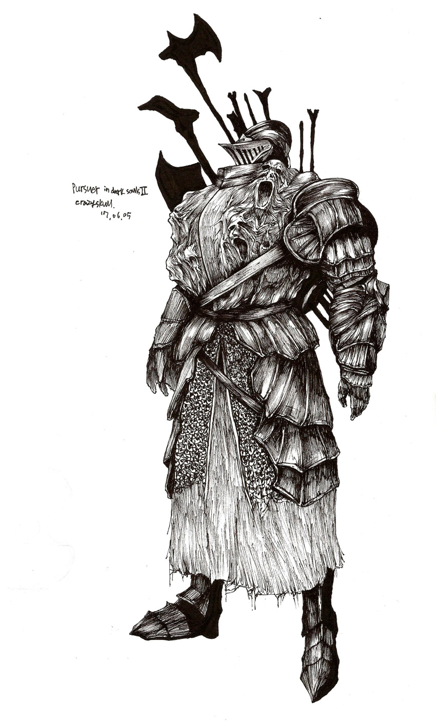 1boy, absurdres, armor, armored_boots, artist_name, axe, boots, breastplate