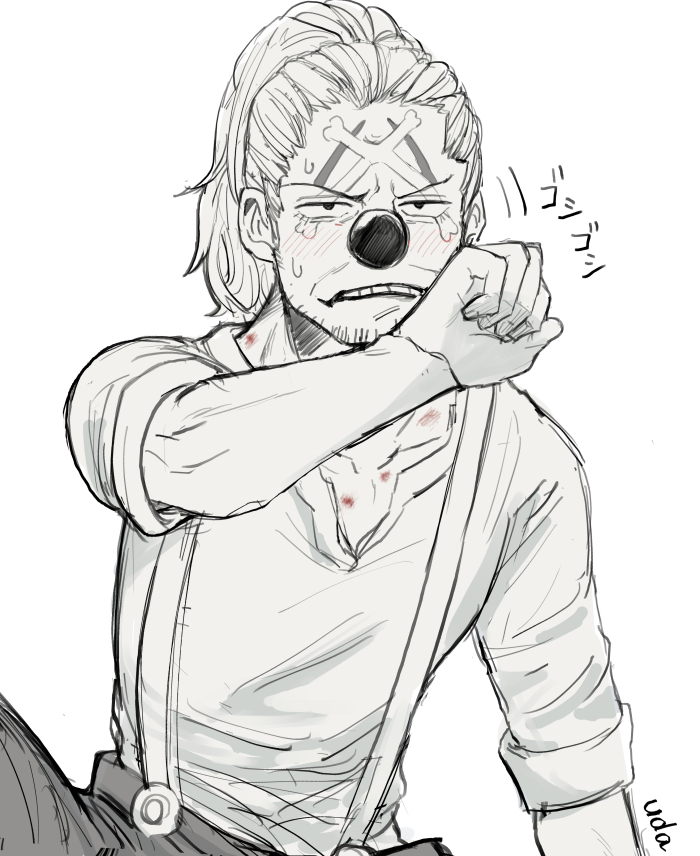 1boy, beard_stubble, blush, buggy_the_clown, commentary_request, facial_hair, greyscale, makeup