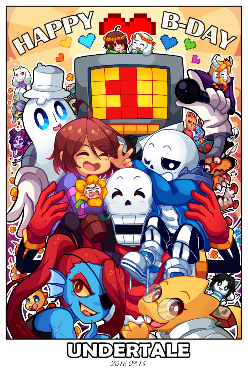 2016, 3others, 4girls, 6+boys, :d, ;d, ^_^, ahoge, alphys, ankle_boots, anniversary, asgore_dreemurr, asriel_dreemurr, beard, black_boots, black_hair, black_pants, black_pantyhose, black_sclera, blonde_hair, blue_eyes, blue_jacket, blue_shoes, blue_skin, blue_soul_(undertale), boots, bright_pupils, brothers, brown_eyes, brown_hair, buck_teeth, burgerpants, chara_(undertale), closed_eyes, colored_sclera, colored_skin, colored_teeth, commentary, copyright_name, cousins, cyan_soul_(undertale), dated, dual_persona, english_commentary, eyepatch, eyeshadow, facial_hair, facing_viewer, fang, father_and_son, fingernails, fins, flower, flower_pot, flower_wreath, flowey_(undertale), frisk_(undertale), full_body, furry, furry_female, furry_male, ghost, gloves, goat_boy, goat_girl, green_soul_(undertale), grey_hood, grillby, grin, hair_between_eyes, hand_up, hat, head_fins, head_wreath, heart, high_ponytail, highres, holding, holding_flower, holding_microphone, hood, hood_down, hooded_jacket, horns, jacket, long_sleeves, looking_at_viewer, mad_dummy_(undertale), makeup, mettaton, mettaton_(box), microphone, monster_kid_(undertale), mother_and_son, muffet, multiple_boys, multiple_girls, multiple_others, nail_polish, nice_cream_guy, non-humanoid_robot, one_eye_closed, one_eye_covered, open_clothes, open_jacket, open_mouth, orange_soul_(undertale), outline, pants, pantyhose, papyrus_(undertale), pink_sweater, ponytail, puffy_long_sleeves, puffy_sleeves, purple_soul_(undertale), purple_sweater, red_eyes, red_eyeshadow, red_gloves, red_hair, red_scarf, reptile_girl, robot, sandragh, sans_(undertale), scar, scar_on_shoulder, scarf, sharp_fingernails, shirt, shoes, short_hair, shyren, siblings, simple_background, sitting, sitting_on_shoulder, skeleton, smile, sneakers, soul_(deltarune), striped_clothes, striped_sweater, sweater, teeth, temmie, thumbs_up, tongue, top_hat, toriel, turtleneck, turtleneck_sweater, two-tone_sweater, undertale, undyne, upper_body, upper_teeth_only, utdr_(toby_fox), violet_eyes, w, w.d._gaster, white_eyes, white_fur, white_gloves, white_hat, white_outline, white_pupils, white_shirt, yellow_background, yellow_flower, yellow_nails, yellow_pupils, yellow_sclera, yellow_skin, yellow_soul_(undertale), yellow_teeth
