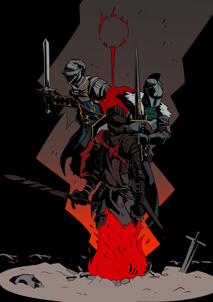 3others, absurdres, ambiguous_gender, armor, ashen_one_(dark_souls), bearer_of_the_curse, black_armor, blue_tunic