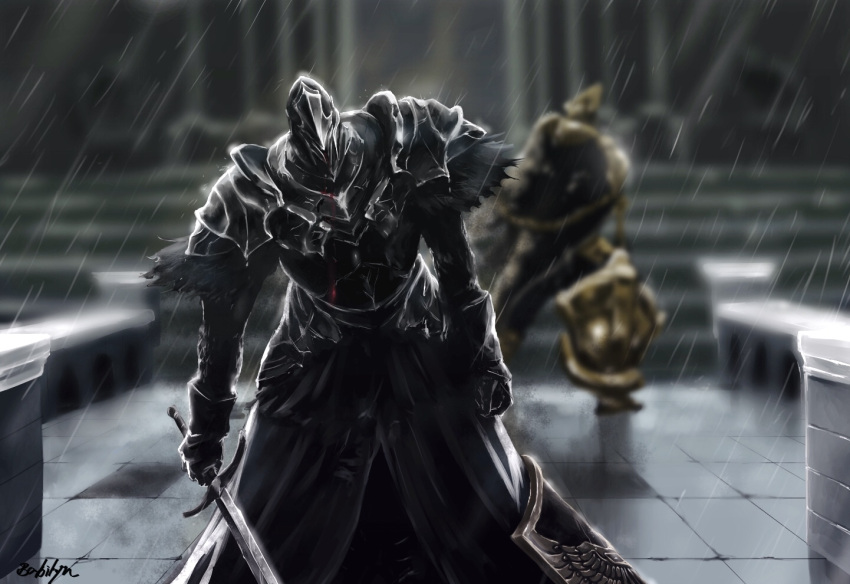 2boys, armor, babilyn02, black_armor, blood, blurry, blurry_background, breastplate
