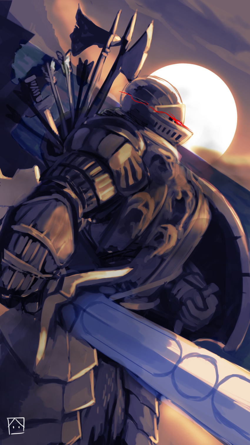 1boy, armor, arrow_(projectile), chinese_commentary, clouds, commentary_request, cowboy_shot, dark_souls_(series), dark_souls_ii, dutch_angle, full_armor, glowing, glowing_eye, glowing_eyes, grey_sky, helm, helmet, highres, hiuki73, holding, holding_shield, holding_sword, holding_weapon, knight, male_focus, outdoors, red_eyes, shield, sky, solo, sun, sunset, sword, the_pursuer, weapon