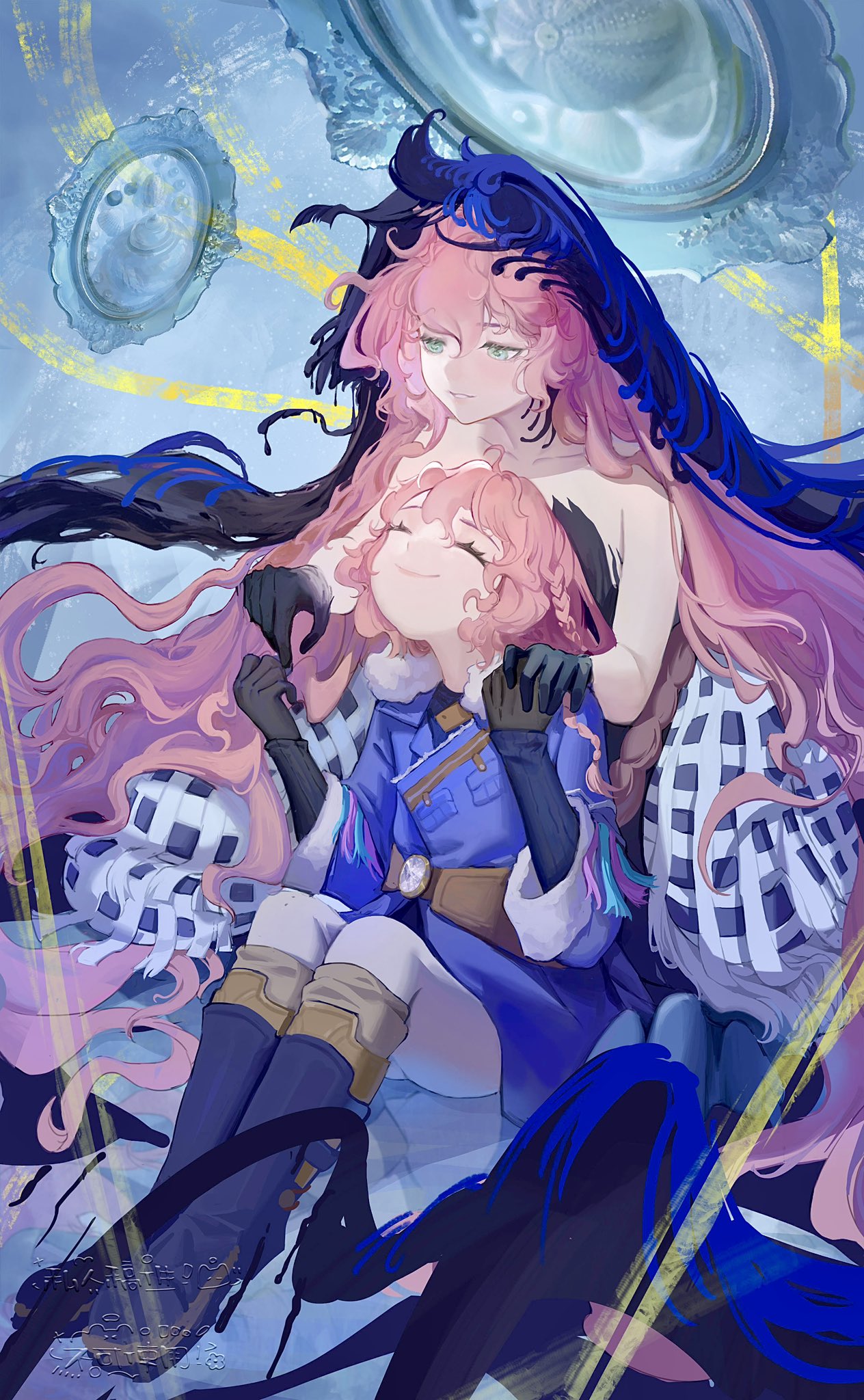 2girls, aqua_eyes, bare_shoulders, black_arm_warmers, black_dress, black_gloves, black_hands, black_liquid, black_veil, blue_veil, boots, braid, centauroid, chimera, closed_eyes, closed_mouth, coat, collarbone, colored_extremities, dress, dual_persona, full_body, gloves, gradient_skin, hair_between_eyes, hashtag-only_commentary, highres, knee_boots, long_hair, looking_at_another, monster_girl, multiple_girls, nautika_(reverse:1999), pants, parted_lips, pink_hair, plunging_neckline, purple_coat, reverse:1999, shikihiki_nekoto, side_braid, sidelocks, sitting, smile, strapless, strapless_dress, taur, two-tone_veil, veil, very_long_hair, white_pants