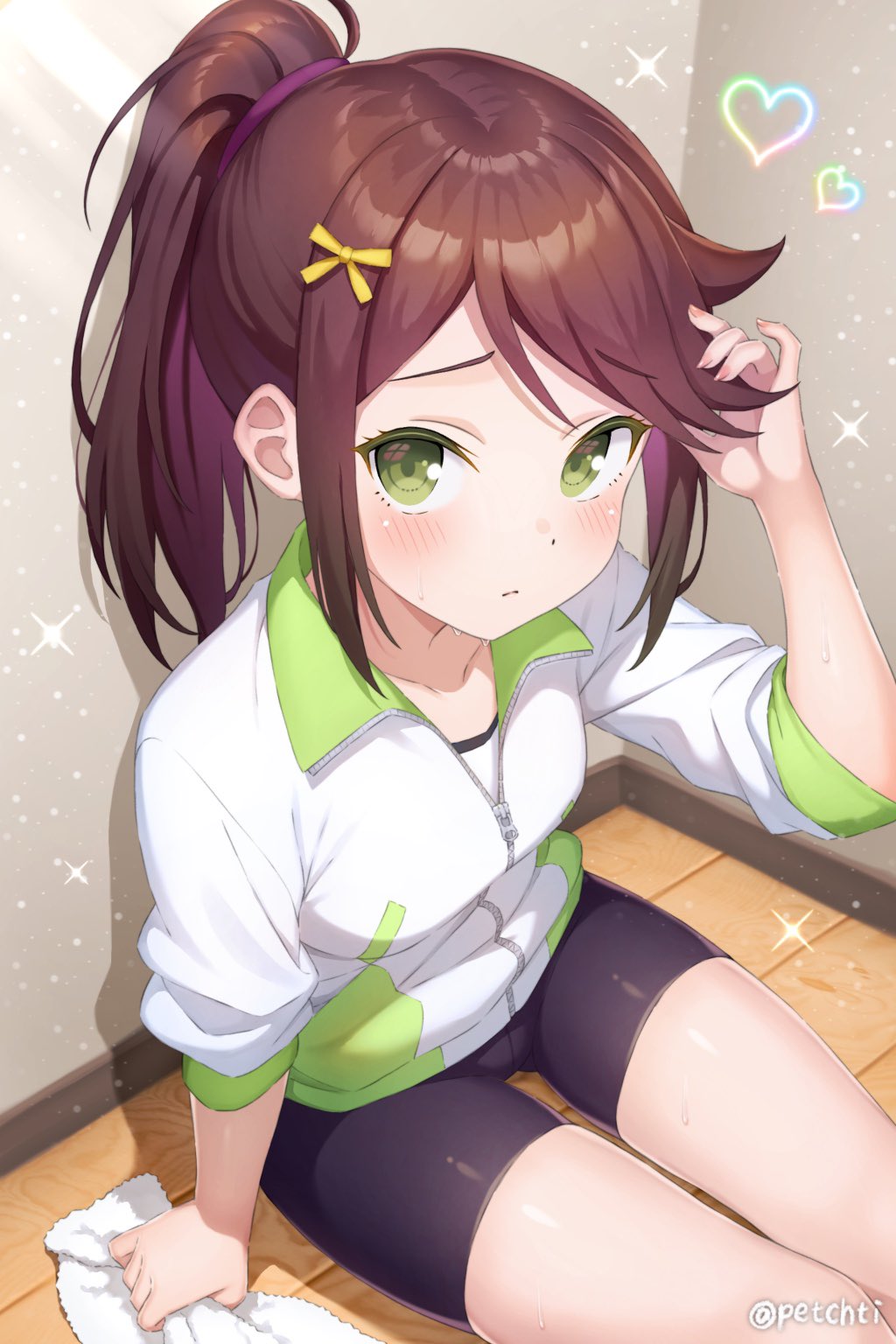 1girl, bike_shorts, blush, bow, brown_hair, goto_akira, green_eyes, hair_bow, hair_ornament, heart, highres, ikizulive!_love_live!_bluebird, love_live!, nude, open_mouth, ponytail, rabineru, shirt, sitting, solo, sparkle, t-shirt, wash_cloth, wooden_floor