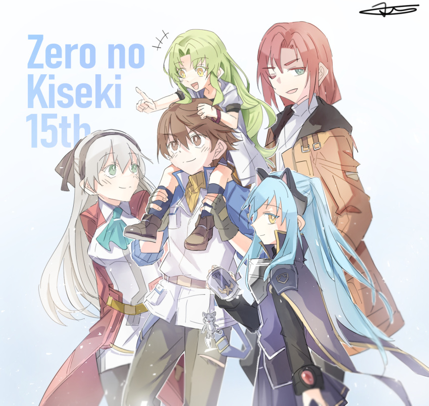2boys, 3girls, animal_ear_hairband, animal_ears, anniversary, ascot, blue_background, blue_hair, brown_eyes, brown_hair, capelet, cat_ear_hairband, cat_ears, closed_mouth, coat, curtained_hair, double-parted_bangs, eiyuu_densetsu, elie_macdowell, english_text, fake_animal_ears, floating_hair, gradient_background, green_ascot, green_eyes, green_hair, hair_between_eyes, hairband, high_collar, highres, kea_(eiyuu_densetsu), lloyd_bannings, long_hair, mullet, multiple_boys, multiple_girls, one_eye_closed, open_clothes, open_coat, open_mouth, parted_bangs, randolph_orlando, red_hair, shoes, short_hair, sidelocks, signature, simple_background, smile, sneakers, tio_plato, twintails, white_hair, yachi337, yellow_eyes, zero_no_kiseki